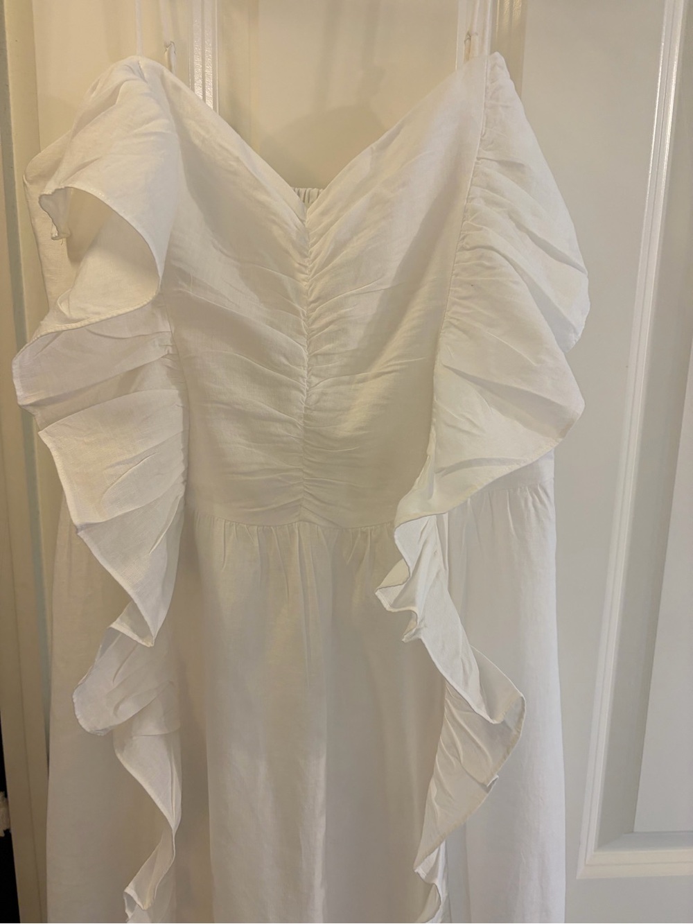 H&M White Ruffle Linen Blend Midi Dress with Spaghetti Straps - Picture 2 of 8